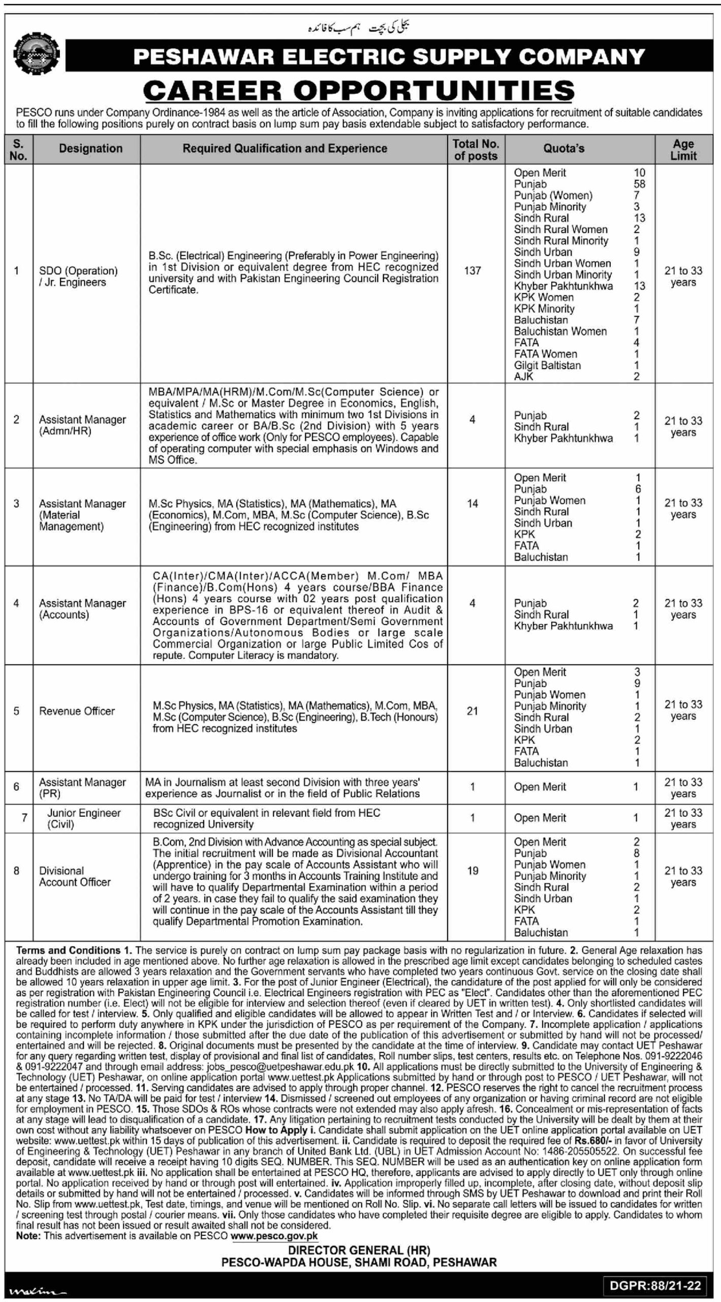 Peshawar Electric Supply Company PESCO Jobs February 2022