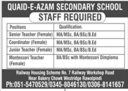 Quaidj-e-Azam Secondary School Jobs February 2022