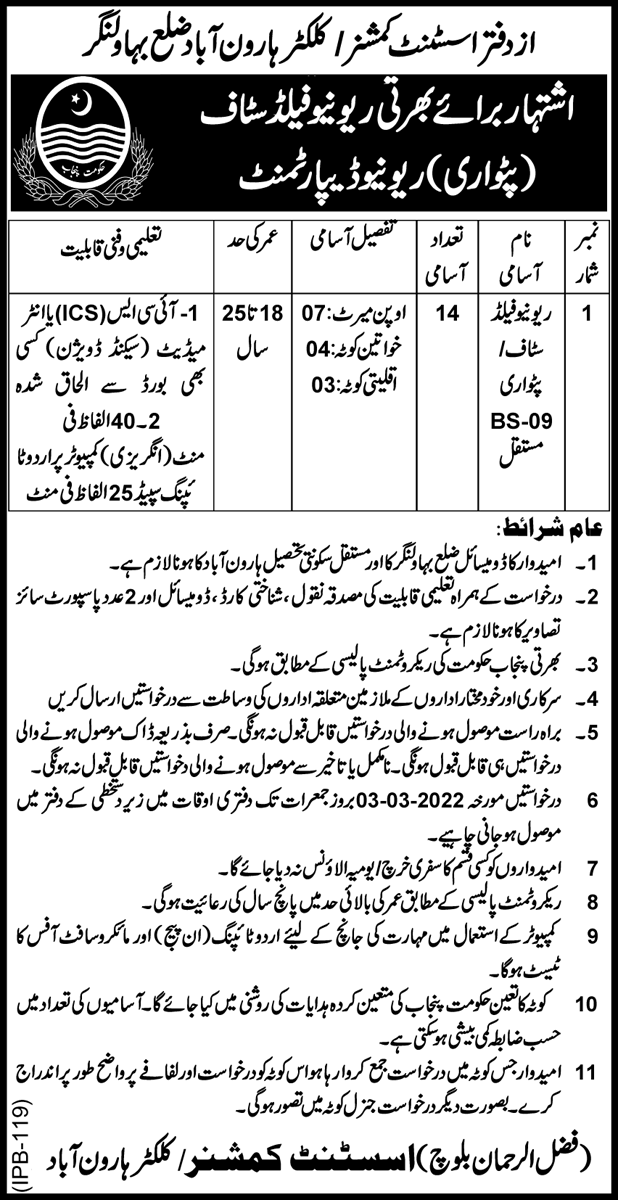 Revenue Department Bahawalnagar Jobs February 2022