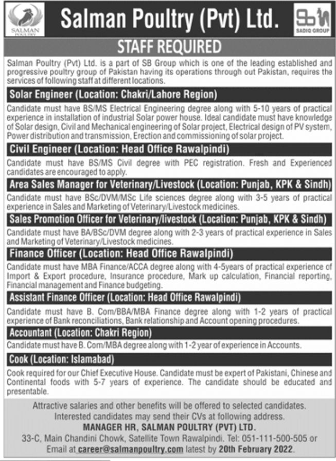 Salman Poultry Pvt Ltd Jobs February 2022