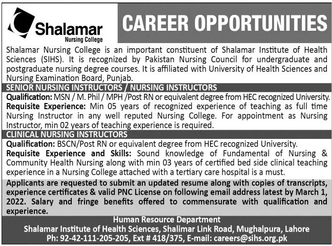 Shalamar Nursing College Jobs February 2022