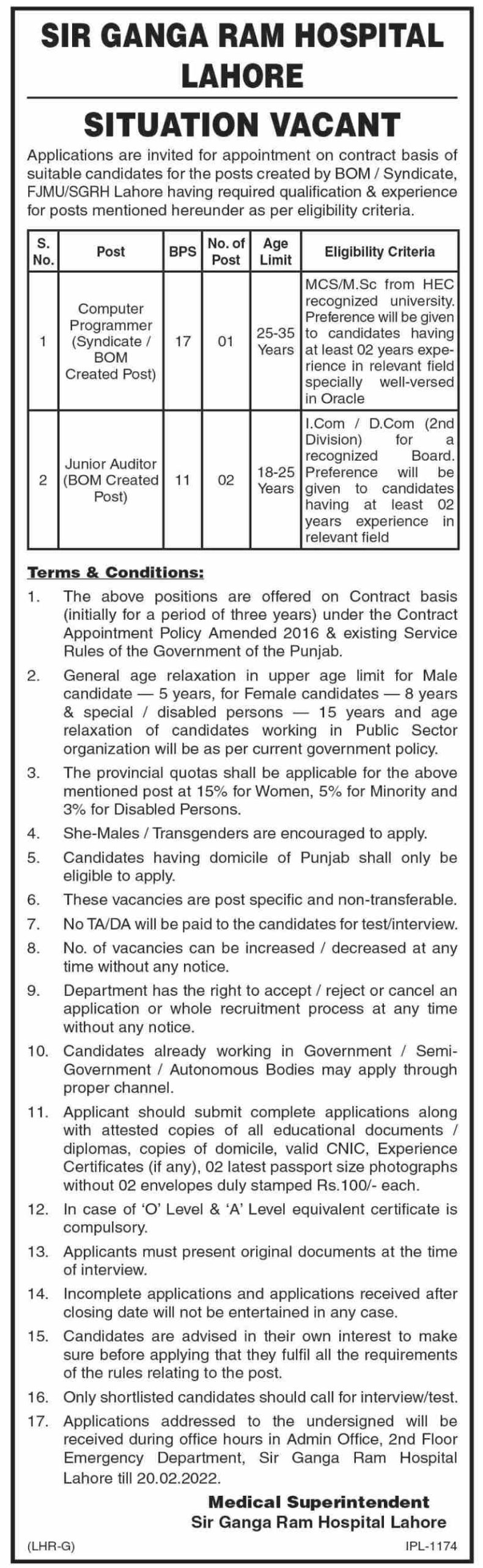 Sir Ganga Ram Hospital Lahore Jobs February 2022