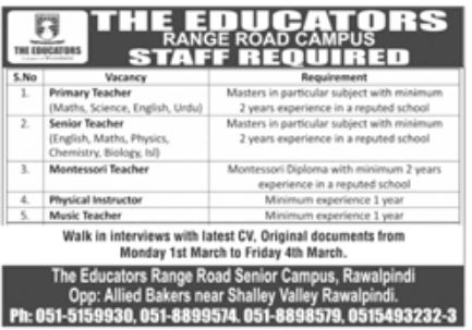 The Educators Rawalpindi Jobs February 2022