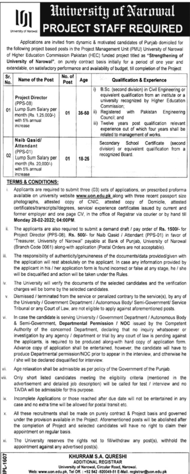 University of Narowal Jobs February 2022