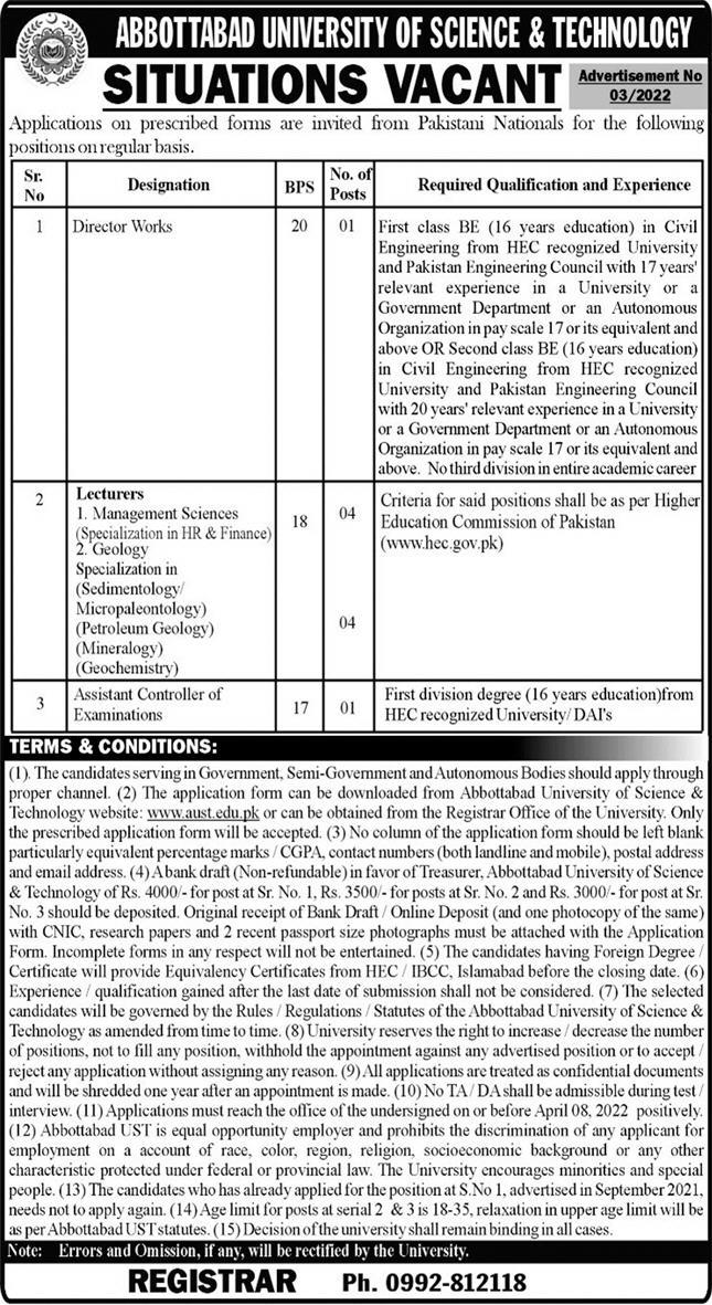 Abbottabad University of Science & Technology Jobs March 2022
