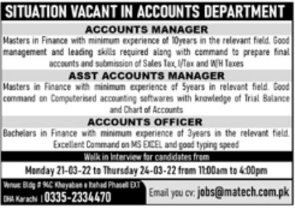 Accounts Department Karachi Jobs March 2022