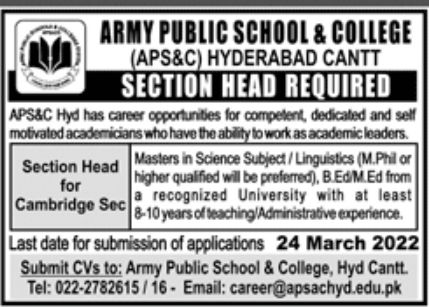 Army Public School & College Jobs March 2022