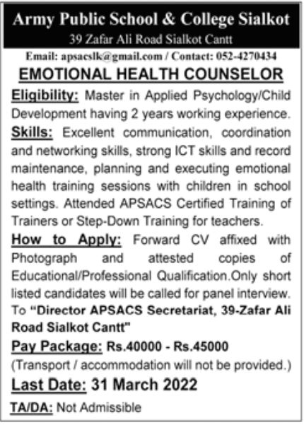 Army Public School & College Sialkot Jobs March 2022