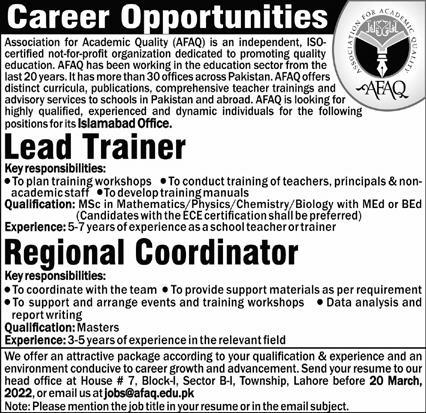 Association for Academic Quality AFAQ Jobs March 2022