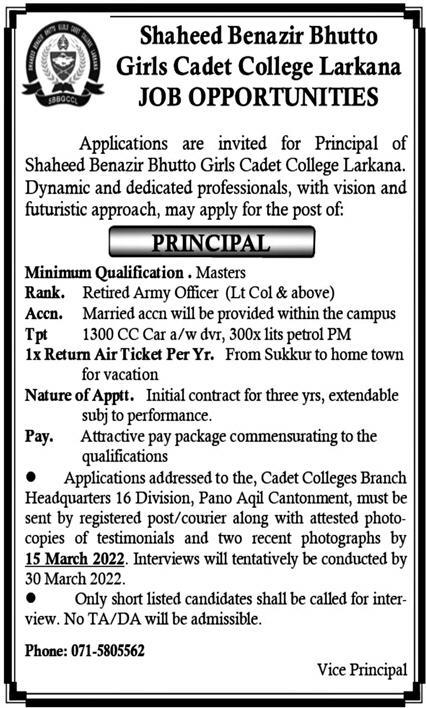 Cadet College Larkana Jobs February 2022