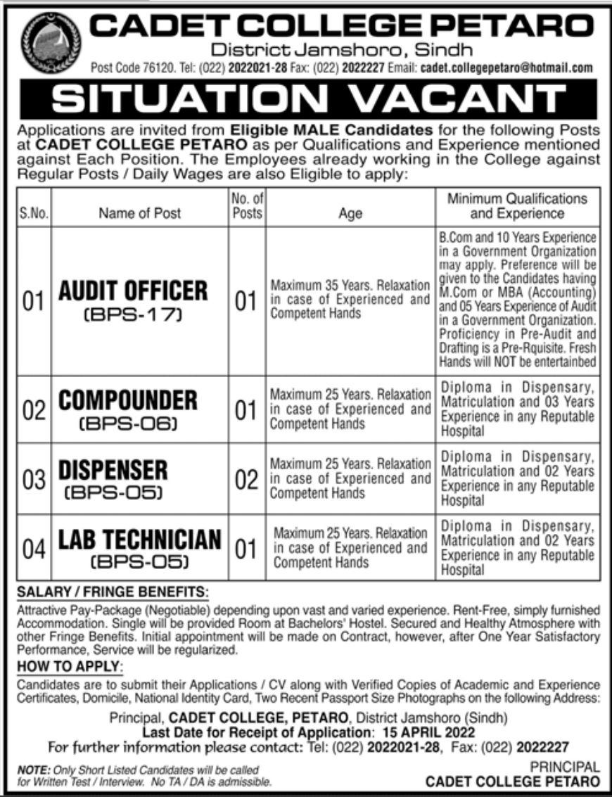 Cadet College PETARO Jobs March 2022