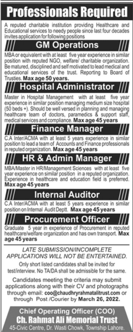 Ch Rehmat Ali Memorial Trust Jobs March 2022