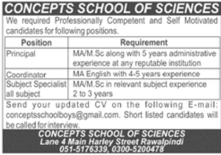 Concepts School of Sciences Jobs March 2022