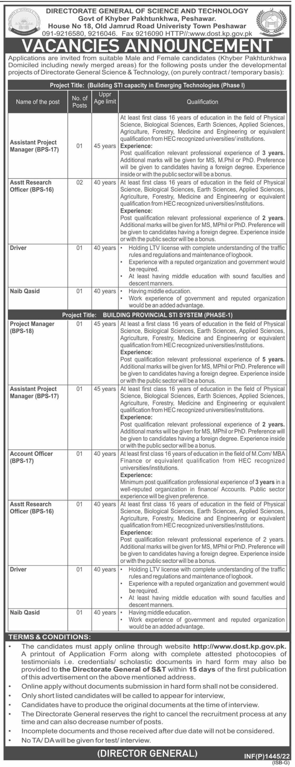 Directorate General of Science and Technology Govt of Khyber Pakhtunkhwa Peshawar Jobs March 2022