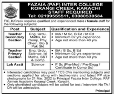 Fazaia PAF Inter College Jobs March 2022