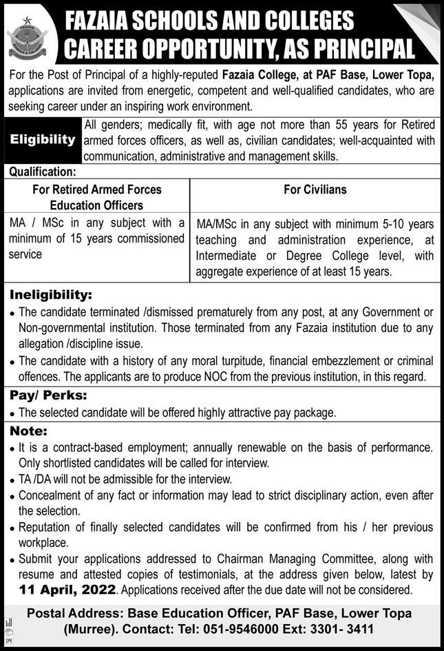 Fazaia Schools and Colleges Jobs march 2022
