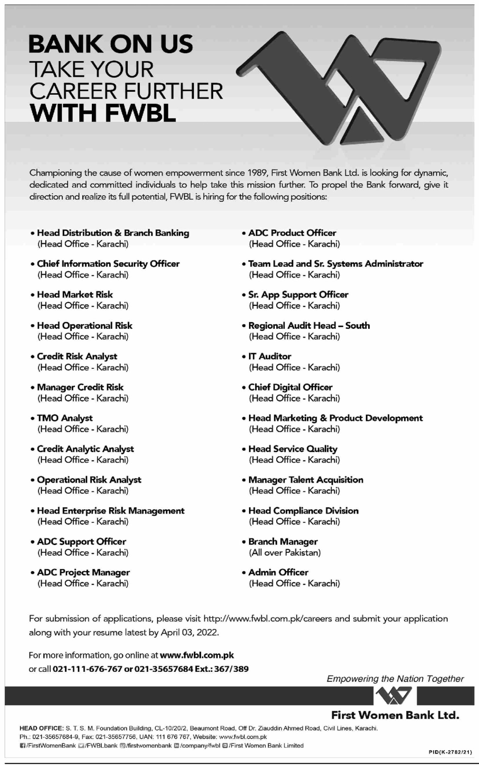 First Women Bank Ltd Jobs March 2022