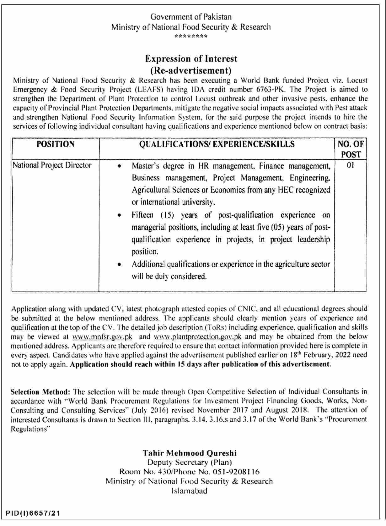 Government of Pakistan Ministry of National Food Security & Research Jobs March 2022