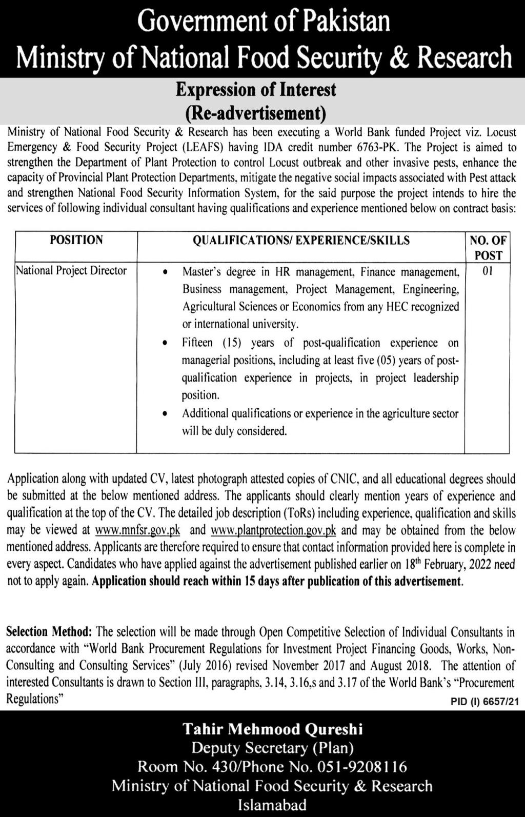 Government of Pakistan Ministry of National Food Security & Research Jobs March 2022