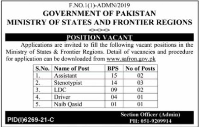 Government of Pakistan Ministry of States and Frontier Regions Jobs March 2022