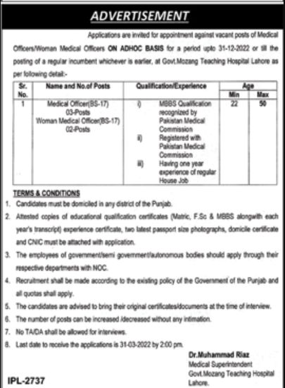 Govt Medical Teaching Hospital Lahore Jobs March 2022
