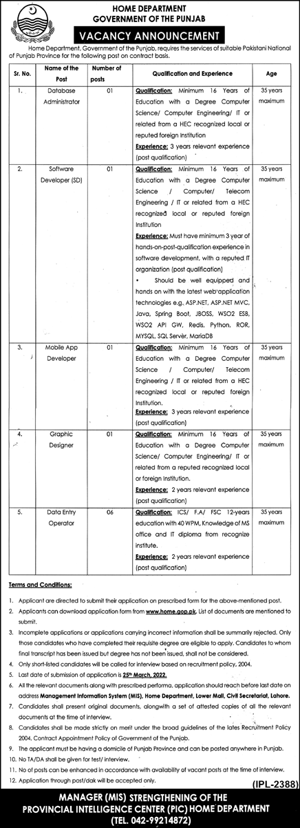 Home Department Government of the Punjab Jobs March 2022