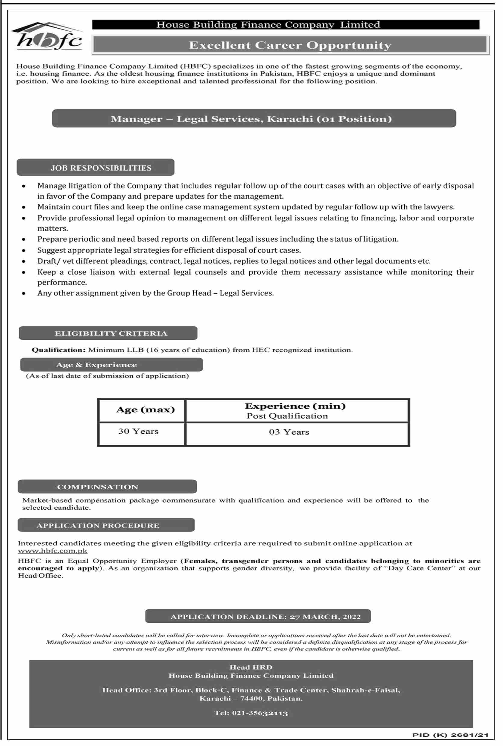 House Building Finance Company Limited HBFC Jobs March 2022