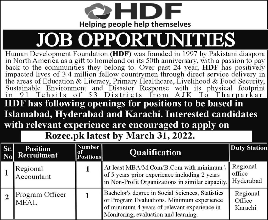 Human Development Foundation HDF Jobs March 2022