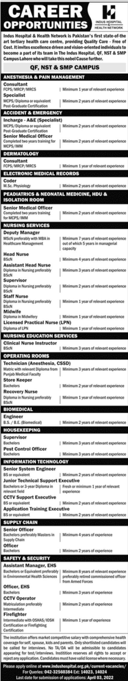 Indus Hospital & Health Network Jobs March 2022