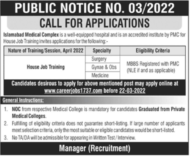 Islamabad Medical Complex Jobs March 2022
