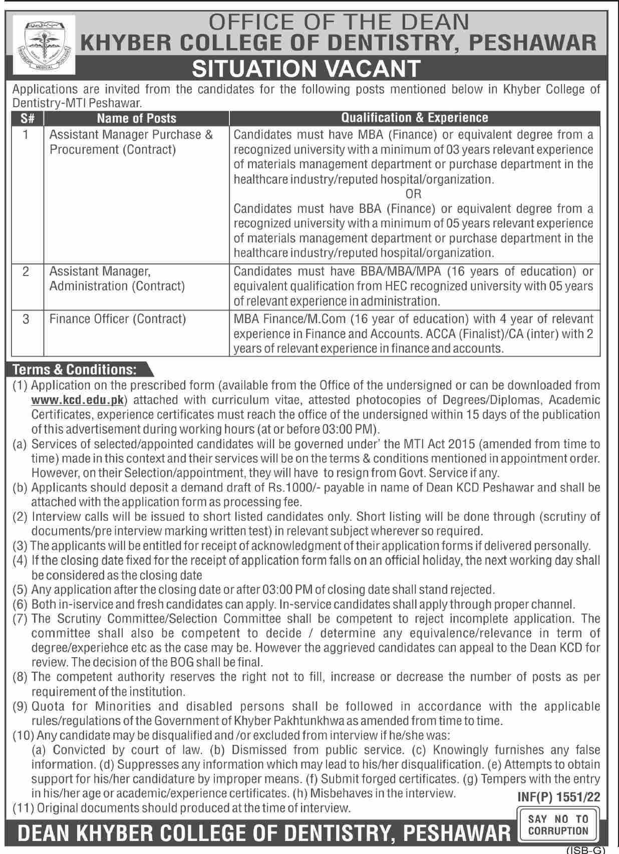 Khyber College of Dentistry Peshawar Jobs March 2022