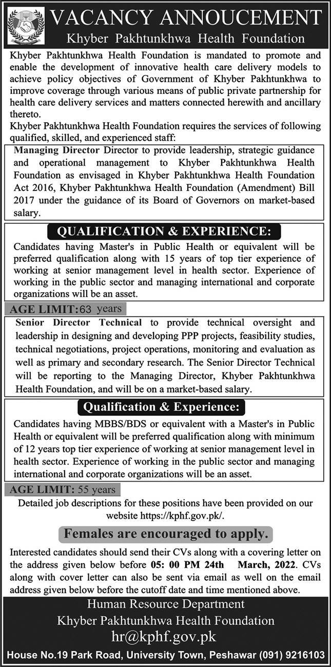 Khyber Pakhtunkhwa Health Foundation Jobs February 2022