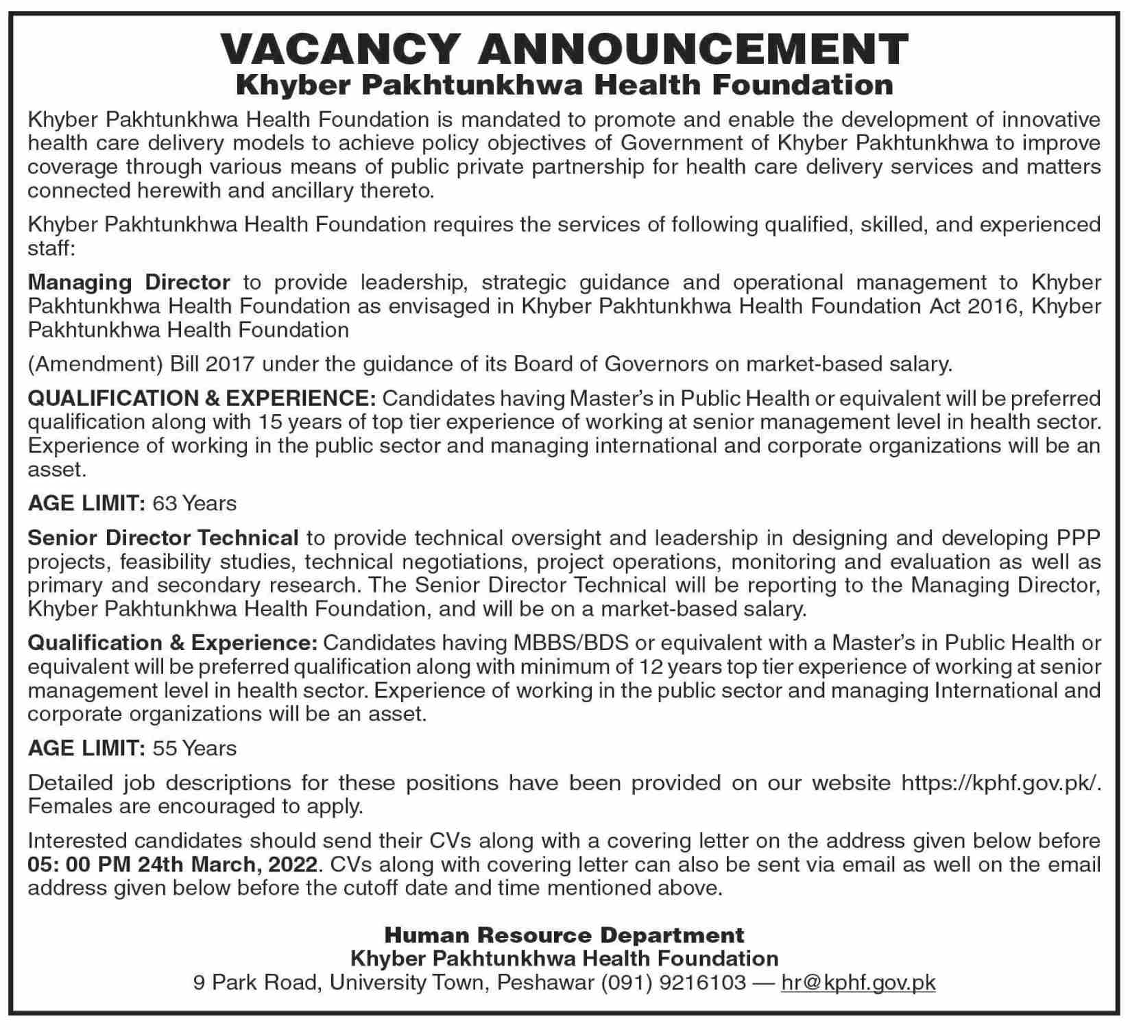 Khyber Pakhtunkhwa Health Foundation KPK Jobs February 2022