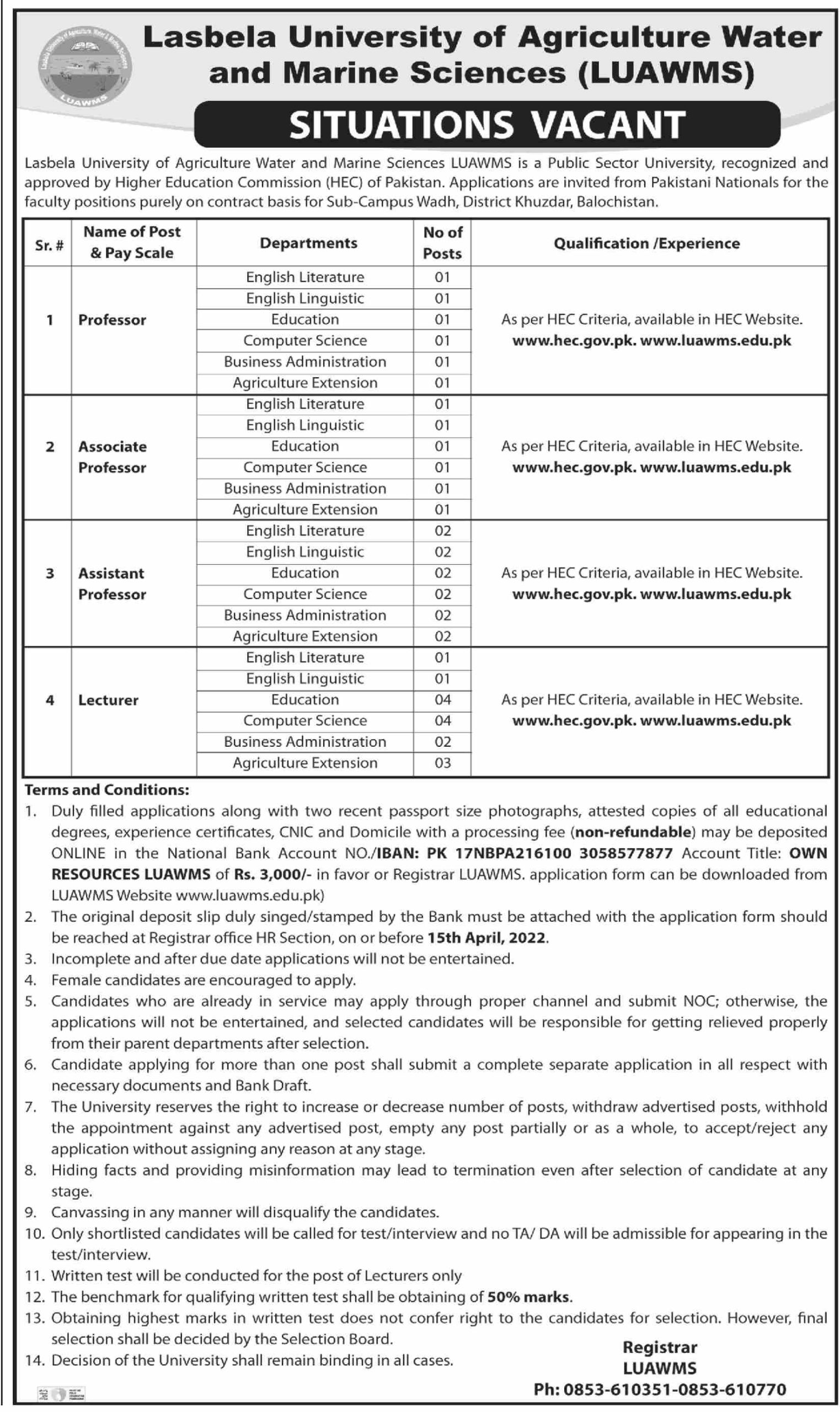 Lasbela University of Agriculture Water and Marine Sciences LUAWMS Jobs March 2022