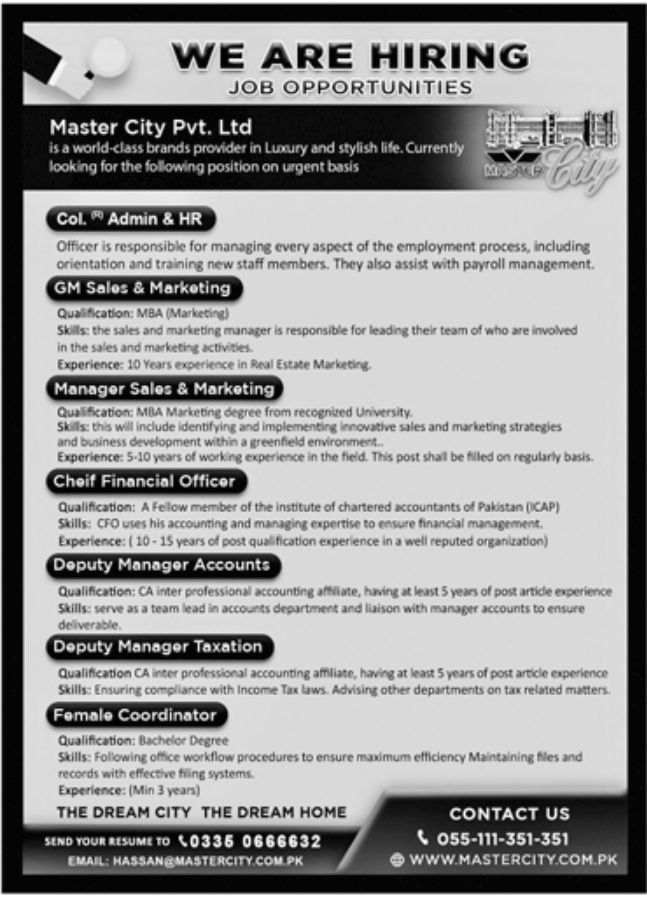Master City Pvt Ltd Jobs March 2022