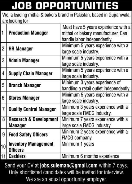 Mithai & Bakers Brand Pakistan Jobs March 2022