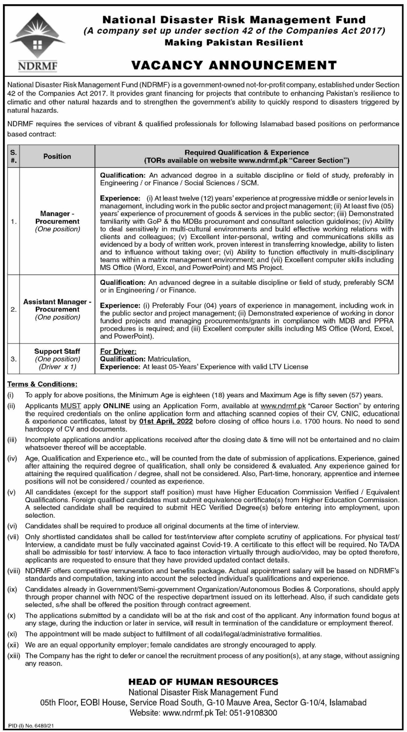 National Disaster Risk Management Fund Jobs March 2022