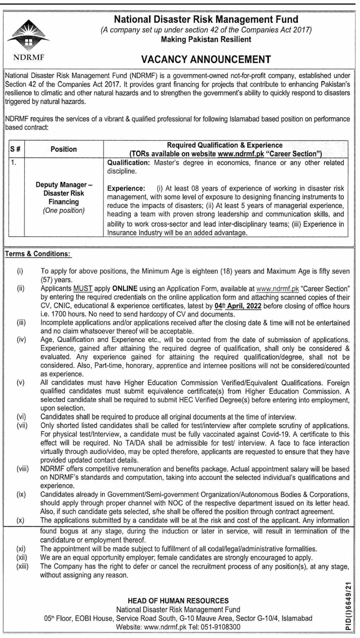National Disaster Risk Management Fund NDRMF Jobs March 2022