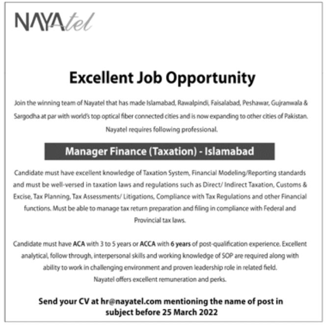 Nayatel Fiber Networks Jobs March 2022