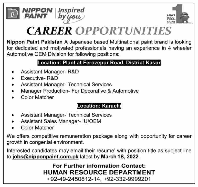 Nippon Paint Pakistan Jobs March 2022