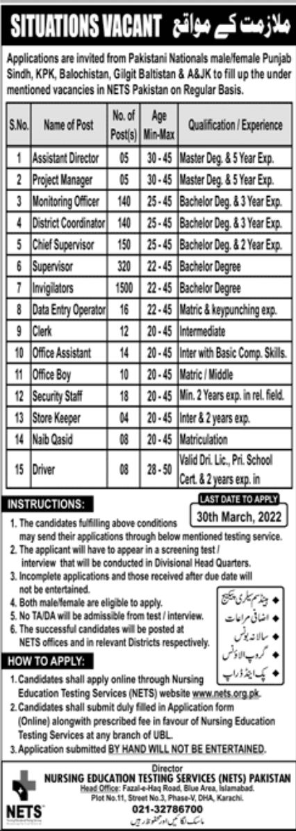 Nursing Education Testing Services NETS Pakistan Jobs March 2022