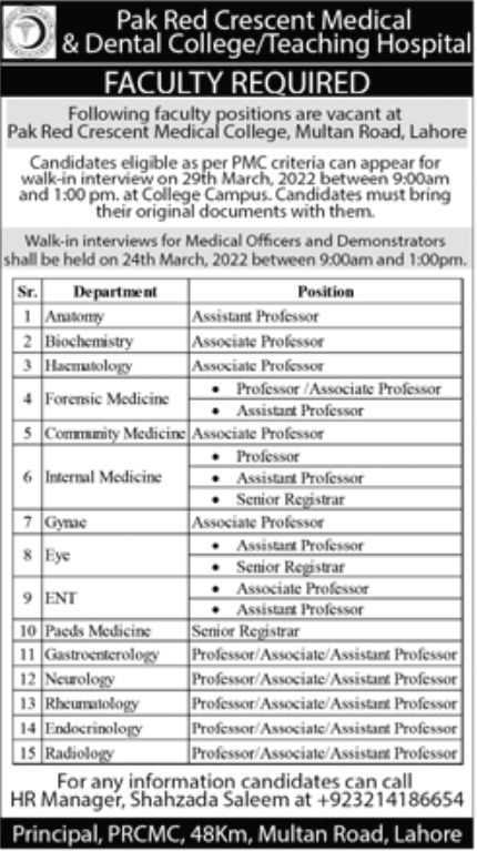 Pak Red Crescent Medical & Dental College Hospital Jobs March 2022
