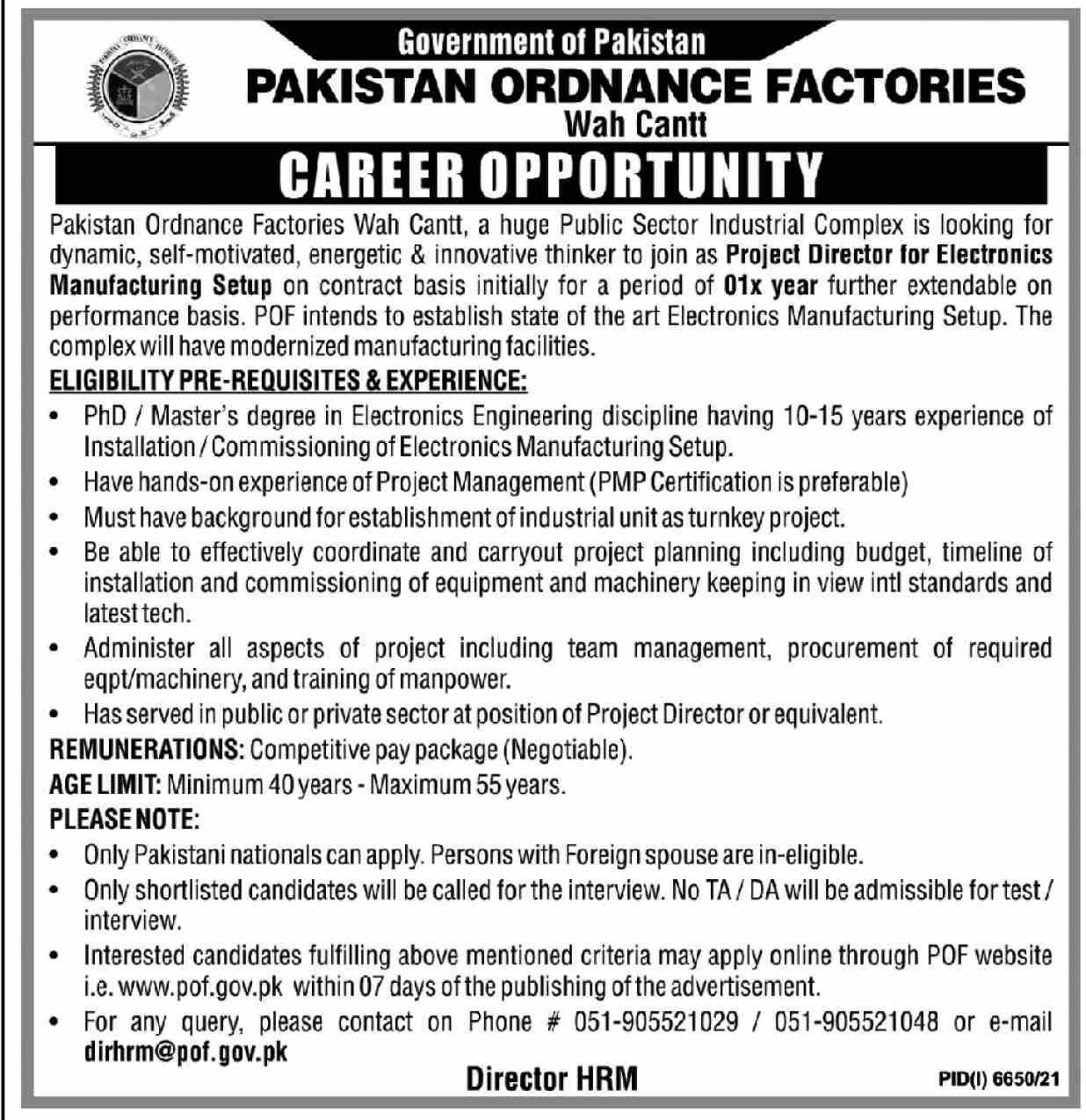 Pakistan Ordnance Factories Wah Cantt Jobs March 2022