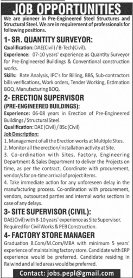 Pre-Engineered Steel Structures and Structural steel Jobs March 2022