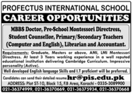 Profectus International School Jobs March 2022