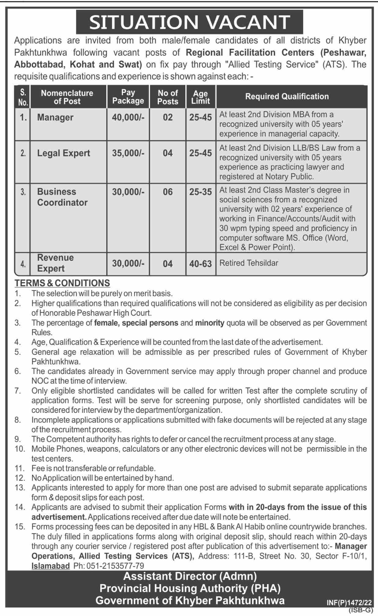 Provincial Housing Authority PHA Government of Khyber Pakhtunkhwa Jobs March 2022