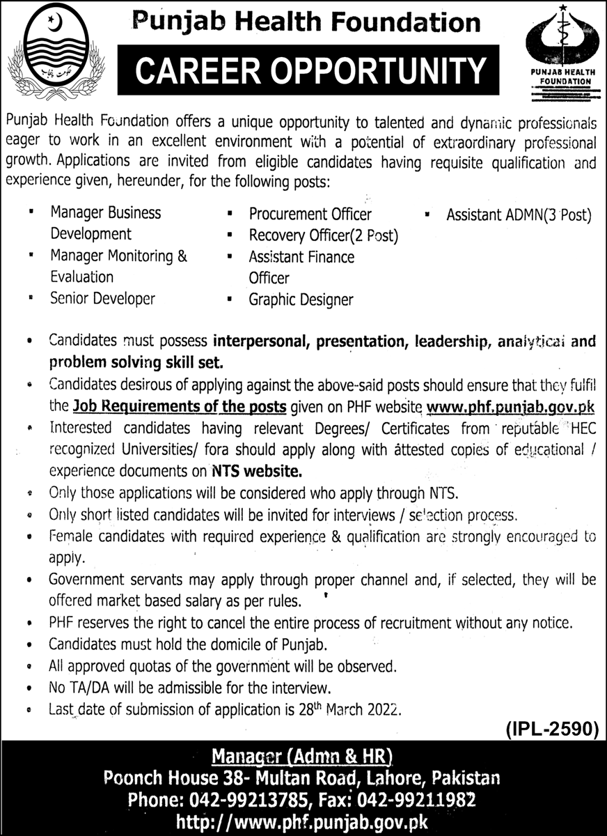 Punjab Health Foundation Jobs March 2022