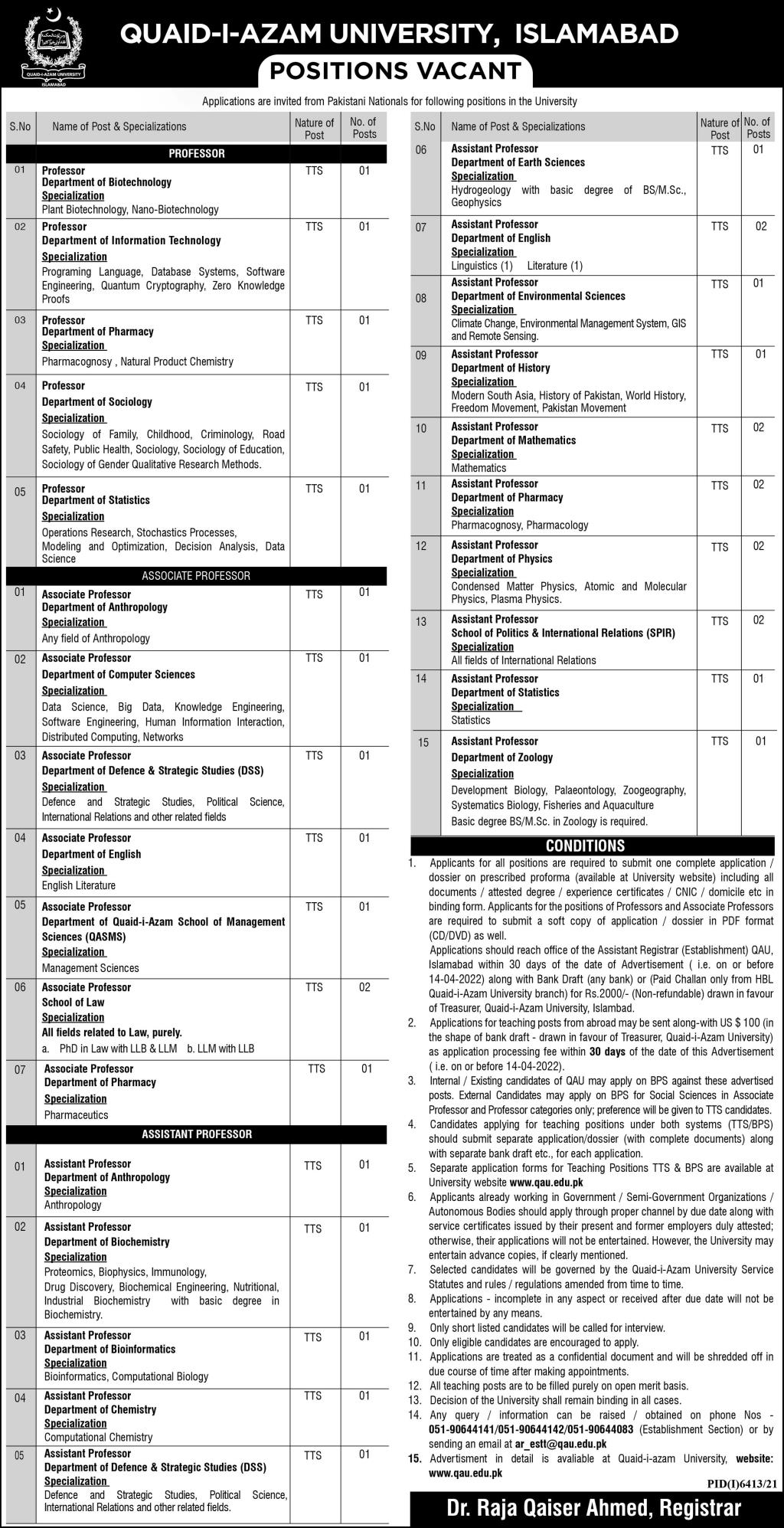 Quaid-i-Azam University Islamabad Jobs March 2022