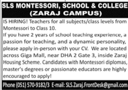 SLS Montessori School and College Jobs March 2022