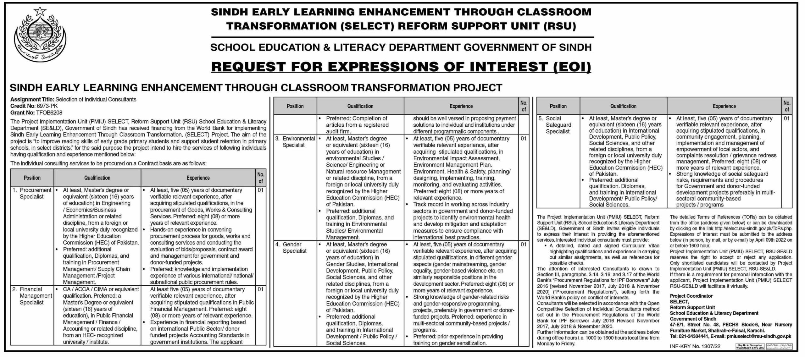 School Education & Literacy Department Government of Sindh Jobs March 2022